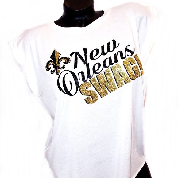 New Orleans Swag White Flowy Muscle Tee~Rolled Cuff. High low rawedge hem bottom - Picture 2 of 4